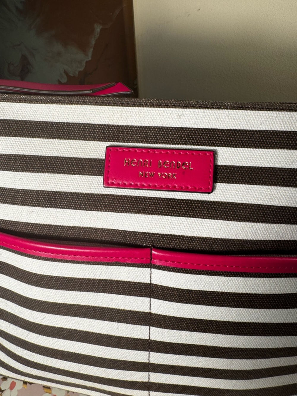 Henri Bendel Iconic Striped Canvas Clutch with Hot Pink Trim - Picture 2 of 5